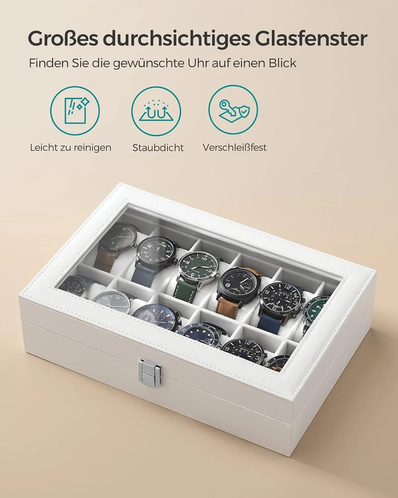 SONGMICS Uhrenbox mit 12 Fächern, Uhrenkasten, Glasdeckel, Uhrenkoffer mit herausnehmbaren Uhrenkiss