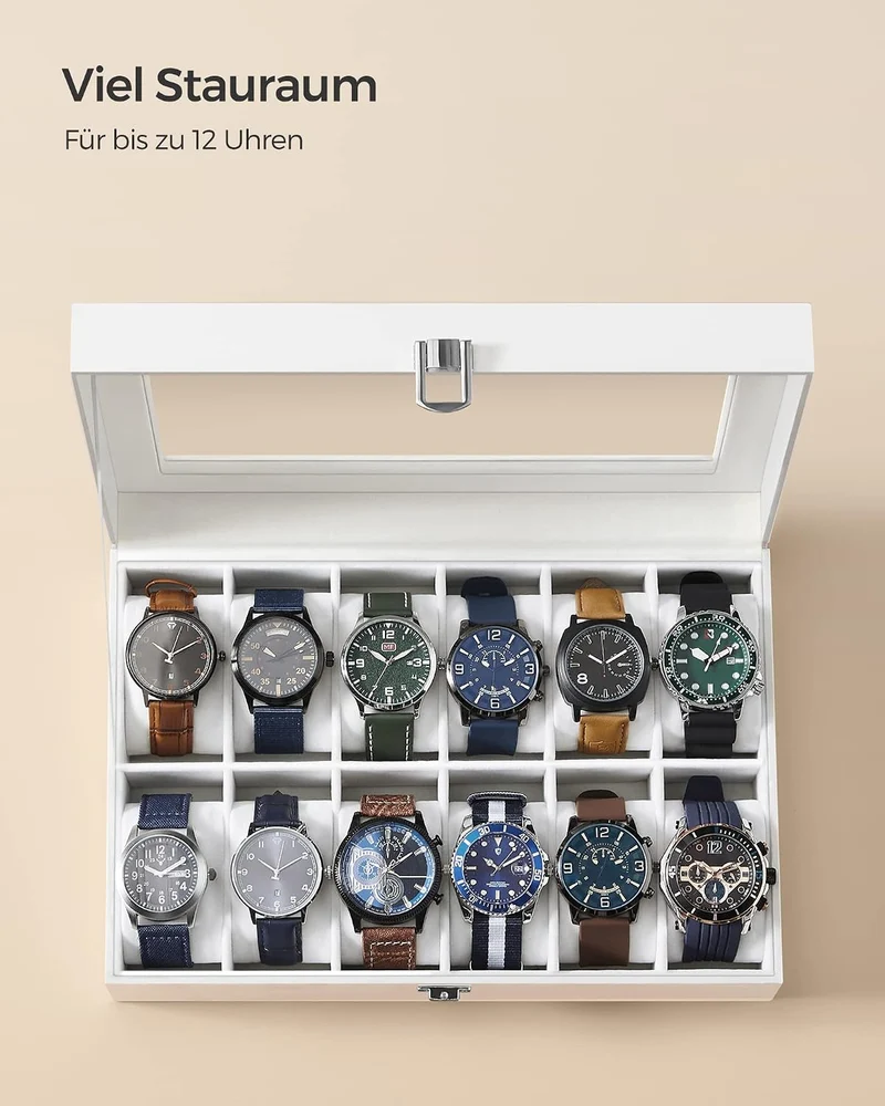 SONGMICS Uhrenbox mit 12 Fächern, Uhrenkasten, Glasdeckel, Uhrenkoffer mit herausnehmbaren Uhrenkiss