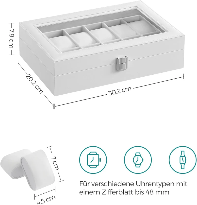 SONGMICS Uhrenbox mit 12 Fächern, Uhrenkasten, Glasdeckel, Uhrenkoffer mit herausnehmbaren Uhrenkiss