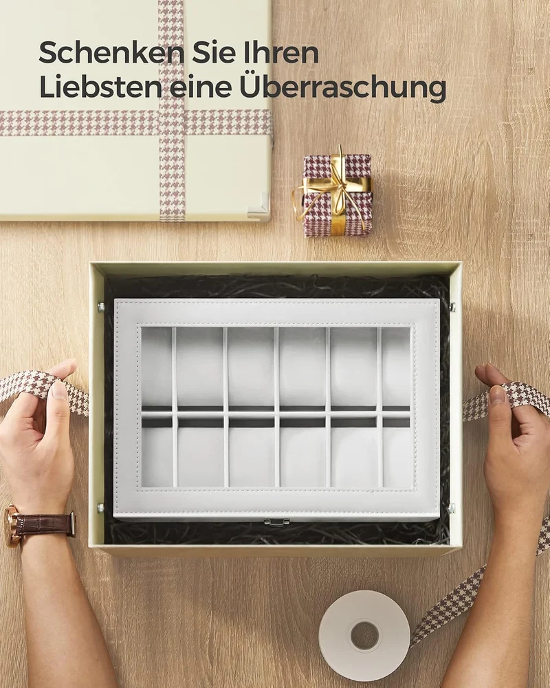 SONGMICS Uhrenbox mit 12 Fächern, Uhrenkasten, Glasdeckel, Uhrenkoffer mit herausnehmbaren Uhrenkiss
