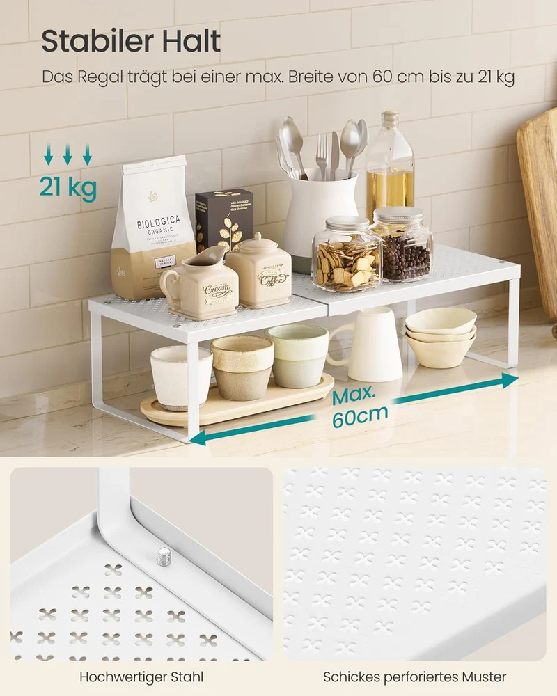 SONGMICS Gewürzregal, ausziehbar, Küchen-Organizer, Küchenregal, Metall Mattweiss 2, Mattweiss 2