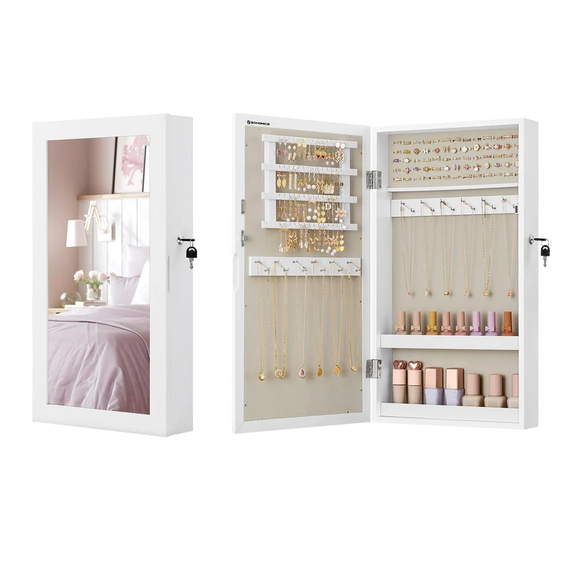 SONGMICS Schmuckschrank, Hängeschrank, platzsparender Schmuckorganizer Weiss + Greige, Weiss + Greig