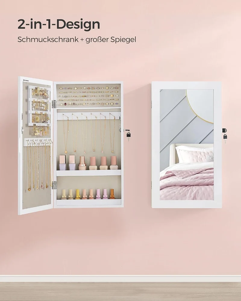 SONGMICS Schmuckschrank, Hängeschrank, platzsparender Schmuckorganizer Weiss + Greige, Weiss + Greig