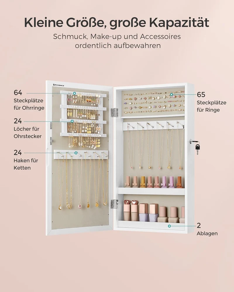 SONGMICS Schmuckschrank, Hängeschrank, platzsparender Schmuckorganizer Weiss + Greige, Weiss + Greig