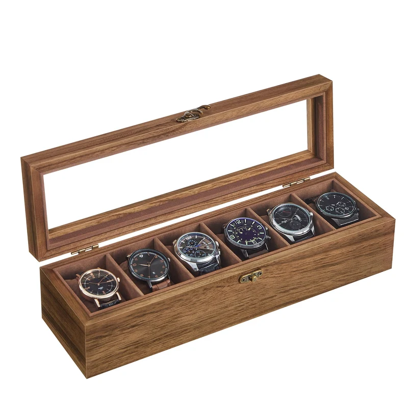 SONGMICS Uhrenbox mit 6 Fächern, aus Massivholz, mit Glasdeckel, hellbraun Walnussfarben 6 Fächern (