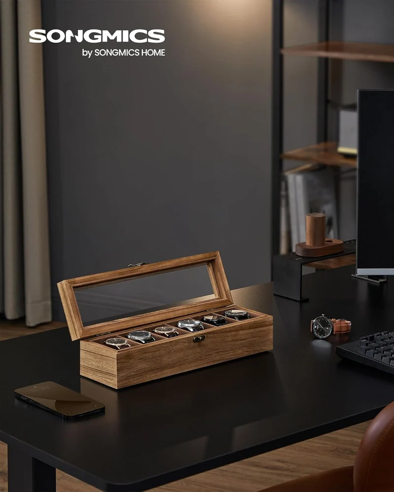 SONGMICS Uhrenbox mit 6 Fächern, aus Massivholz, mit Glasdeckel, hellbraun Walnussfarben 6 Fächern (