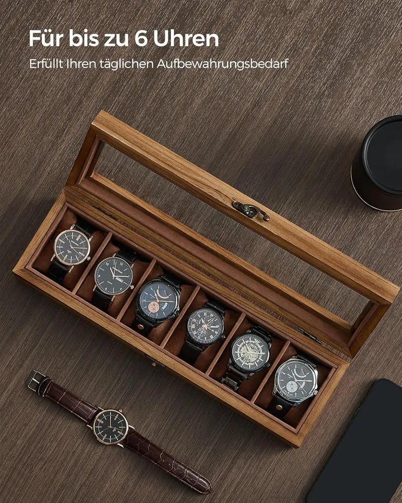 SONGMICS Uhrenbox mit 6 Fächern, aus Massivholz, mit Glasdeckel, hellbraun Walnussfarben 6 Fächern (