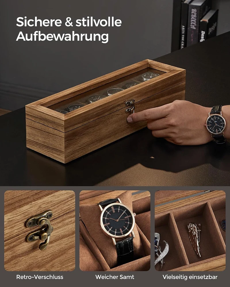 SONGMICS Uhrenbox mit 6 Fächern, aus Massivholz, mit Glasdeckel, hellbraun Walnussfarben 6 Fächern (