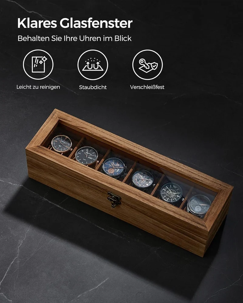 SONGMICS Uhrenbox mit 6 Fächern, aus Massivholz, mit Glasdeckel, hellbraun Walnussfarben 6 Fächern (