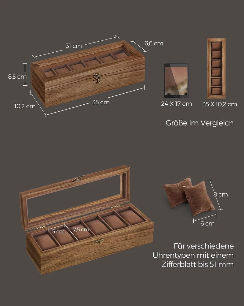 SONGMICS Uhrenbox mit 6 Fächern, aus Massivholz, mit Glasdeckel, hellbraun Walnussfarben 6 Fächern (