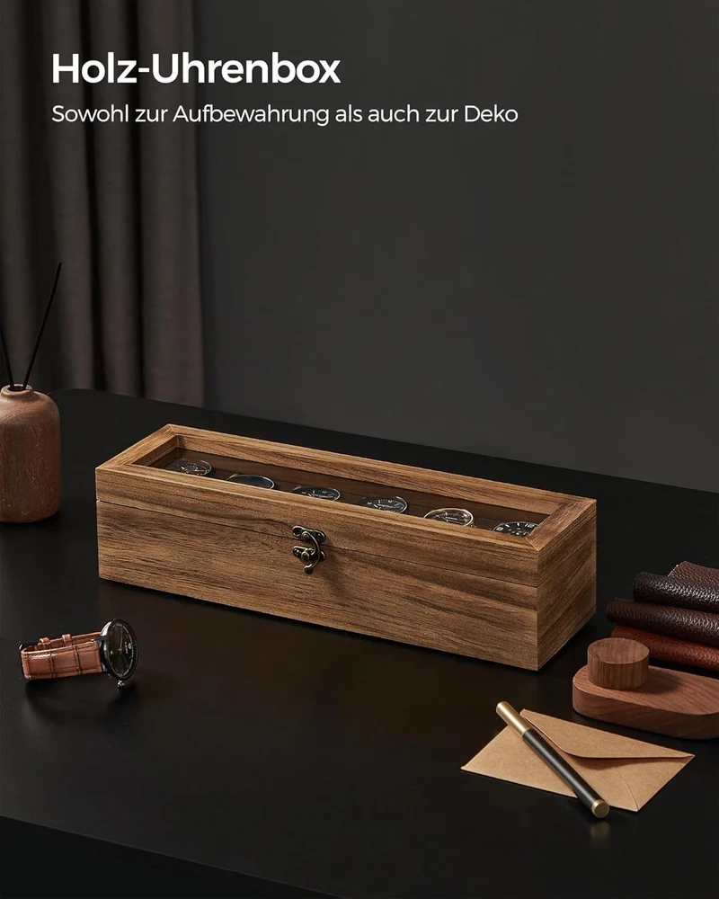 SONGMICS Uhrenbox mit 6 Fächern, aus Massivholz, mit Glasdeckel, hellbraun Walnussfarben 6 Fächern (