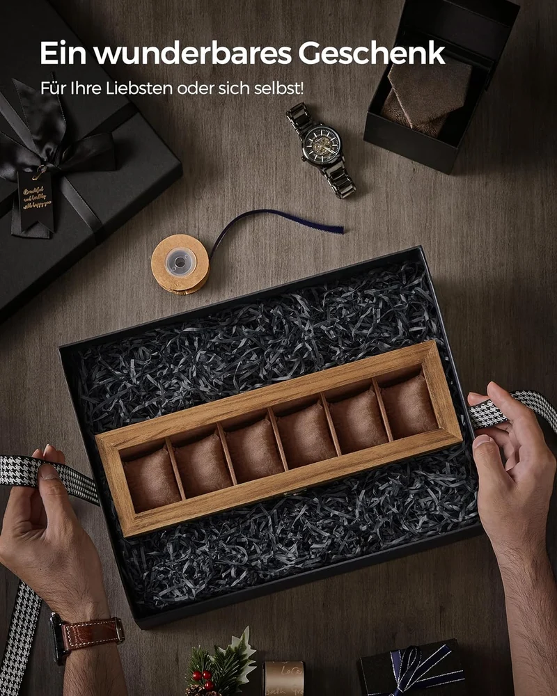 SONGMICS Uhrenbox mit 6 Fächern, aus Massivholz, mit Glasdeckel, hellbraun Walnussfarben 6 Fächern (