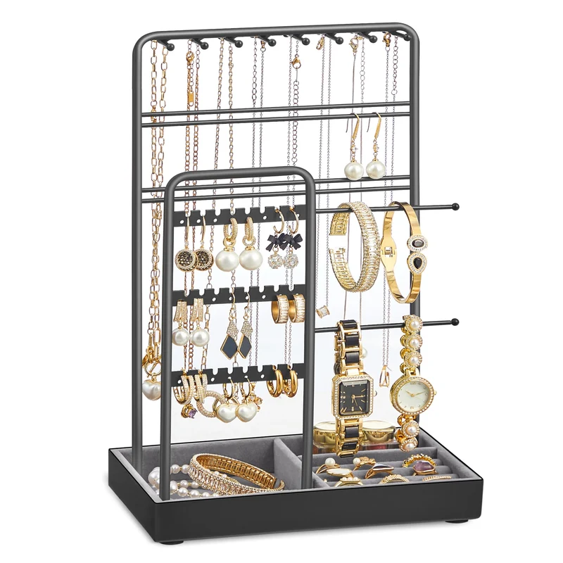 SONGMICS Schmuckständer, Metallrahmen, Schmucktablett Samt, für Halsketten Schwarz 11.5T x 19.6B x 3
