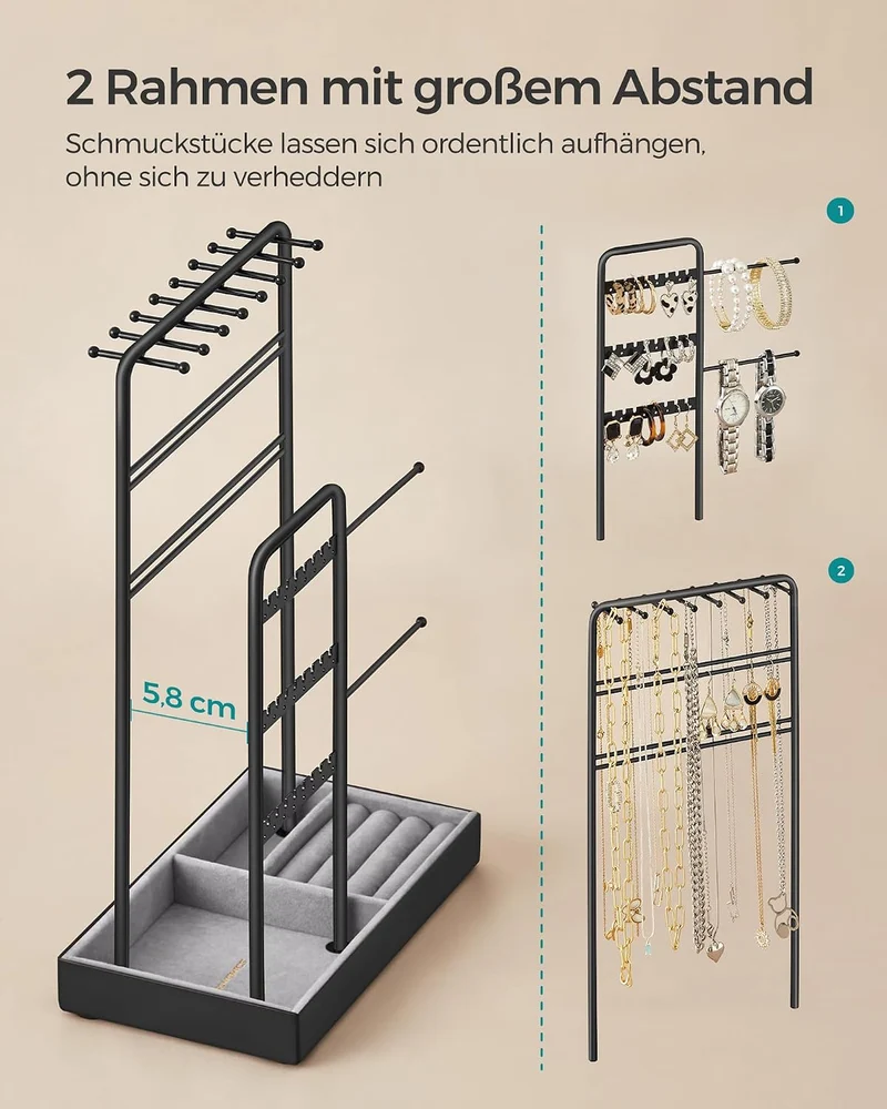 SONGMICS Schmuckständer, Metallrahmen, Schmucktablett Samt, für Halsketten Schwarz 11.5T x 19.6B x 3