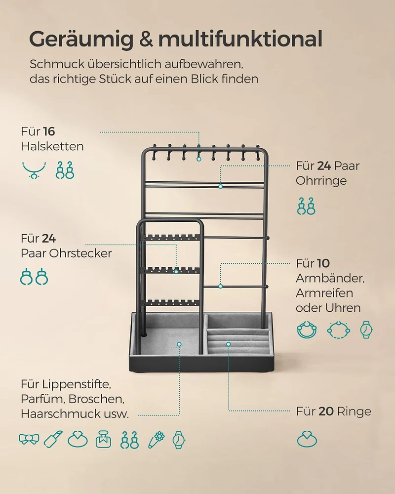 SONGMICS Schmuckständer, Metallrahmen, Schmucktablett Samt, für Halsketten Schwarz 11.5T x 19.6B x 3