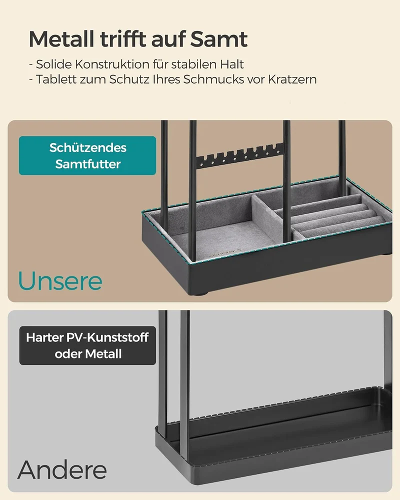 SONGMICS Schmuckständer, Metallrahmen, Schmucktablett Samt, für Halsketten Schwarz 11.5T x 19.6B x 3