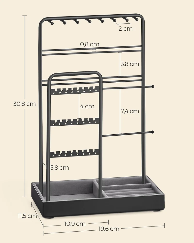 SONGMICS Schmuckständer, Metallrahmen, Schmucktablett Samt, für Halsketten Schwarz 11.5T x 19.6B x 3