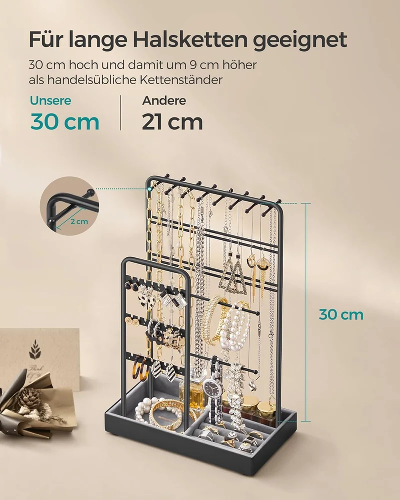 SONGMICS Schmuckständer, Metallrahmen, Schmucktablett Samt, für Halsketten Schwarz 11.5T x 19.6B x 3
