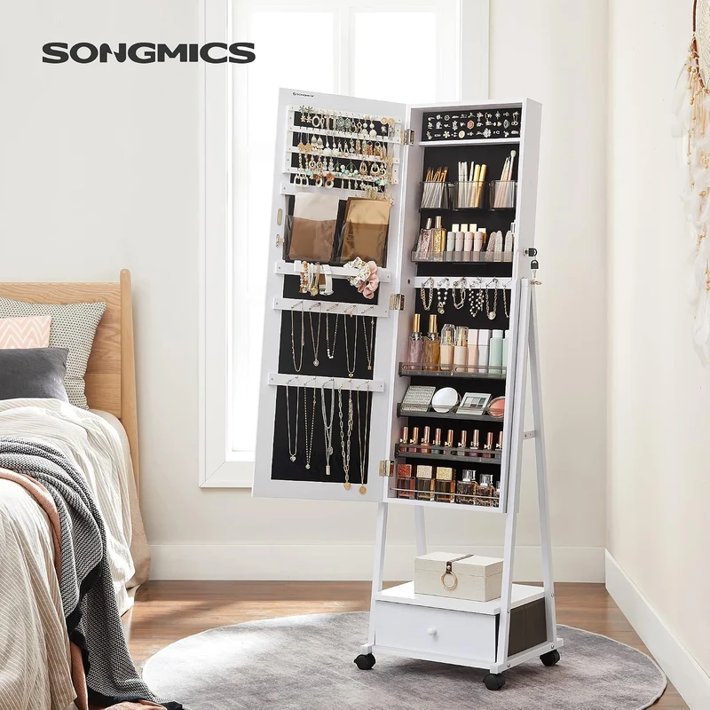 SONGMICS Schmuckschrank, Ganzkörperspiegel, Spiegelschrank, abschliessbarer Schmuckorganizer mit Sch