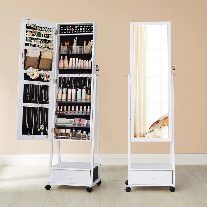 SONGMICS Schmuckschrank, Ganzkörperspiegel, Spiegelschrank, abschliessbarer Schmuckorganizer mit Sch