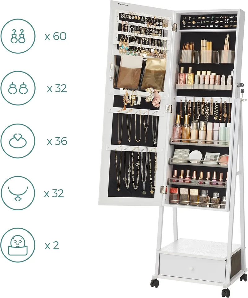 SONGMICS Schmuckschrank, Ganzkörperspiegel, Spiegelschrank, abschliessbarer Schmuckorganizer mit Sch
