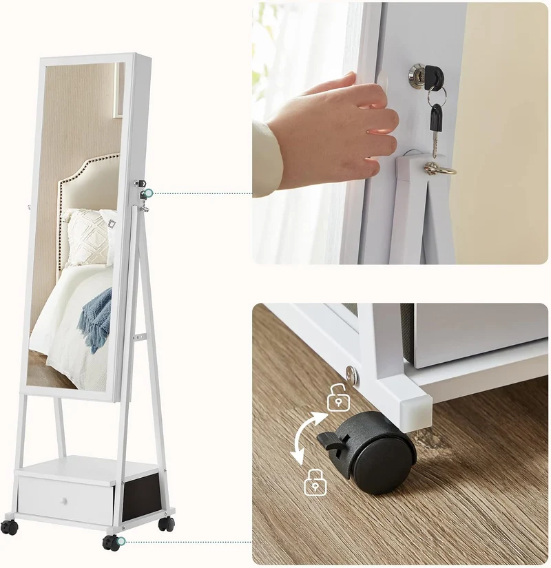 SONGMICS Schmuckschrank, Ganzkörperspiegel, Spiegelschrank, abschliessbarer Schmuckorganizer mit Sch