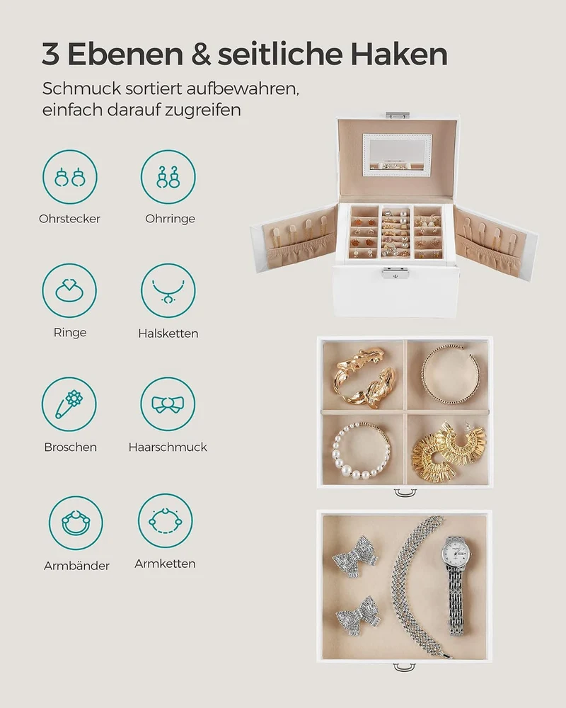 SONGMICS Schmuckkästchen 3 Ebenen, Schmuckkasten mit Griff, 2 Schubladen, Schmuckschatulle mit Spieg