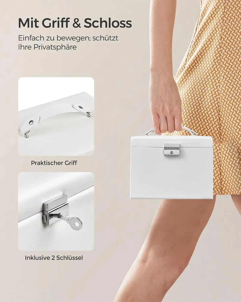 SONGMICS Schmuckkästchen 3 Ebenen, Schmuckkasten mit Griff, 2 Schubladen, Schmuckschatulle mit Spieg