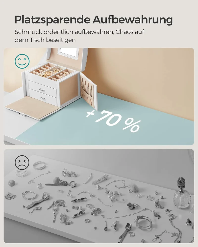SONGMICS Schmuckkästchen 3 Ebenen, Schmuckkasten mit Griff, 2 Schubladen, Schmuckschatulle mit Spieg