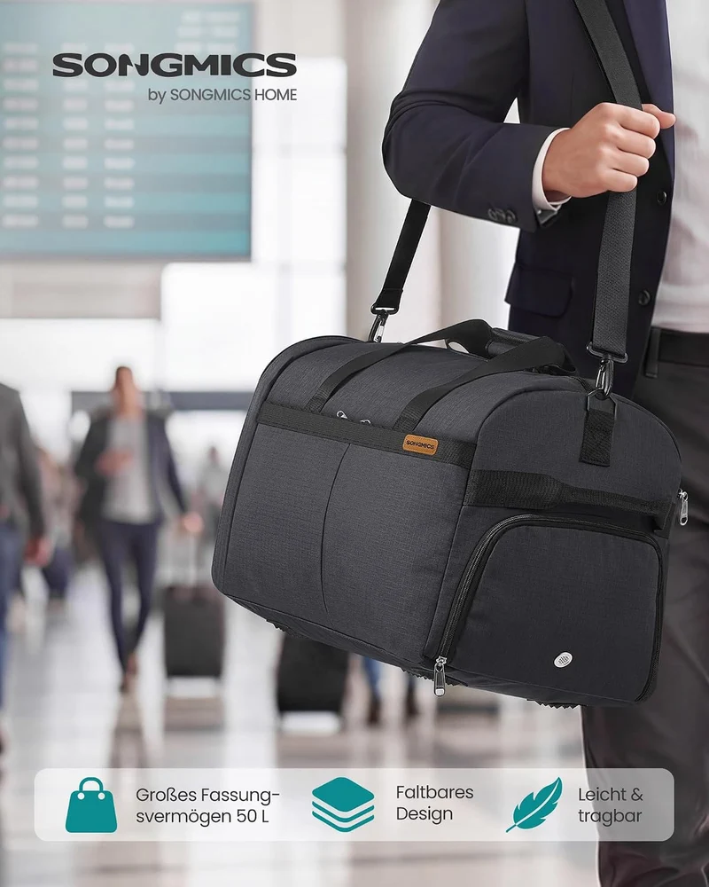 SONGMICS Reisetasche klein, 50L Faltbare Sporttasche mit Schuhfach Grau 50L(55 x 35 x 25 cm), Grau 5