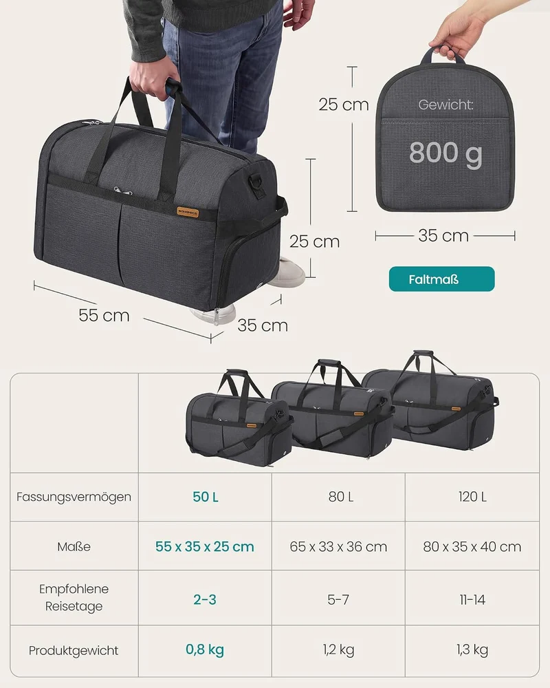 SONGMICS Reisetasche klein, 50L Faltbare Sporttasche mit Schuhfach Grau 50L(55 x 35 x 25 cm), Grau 5