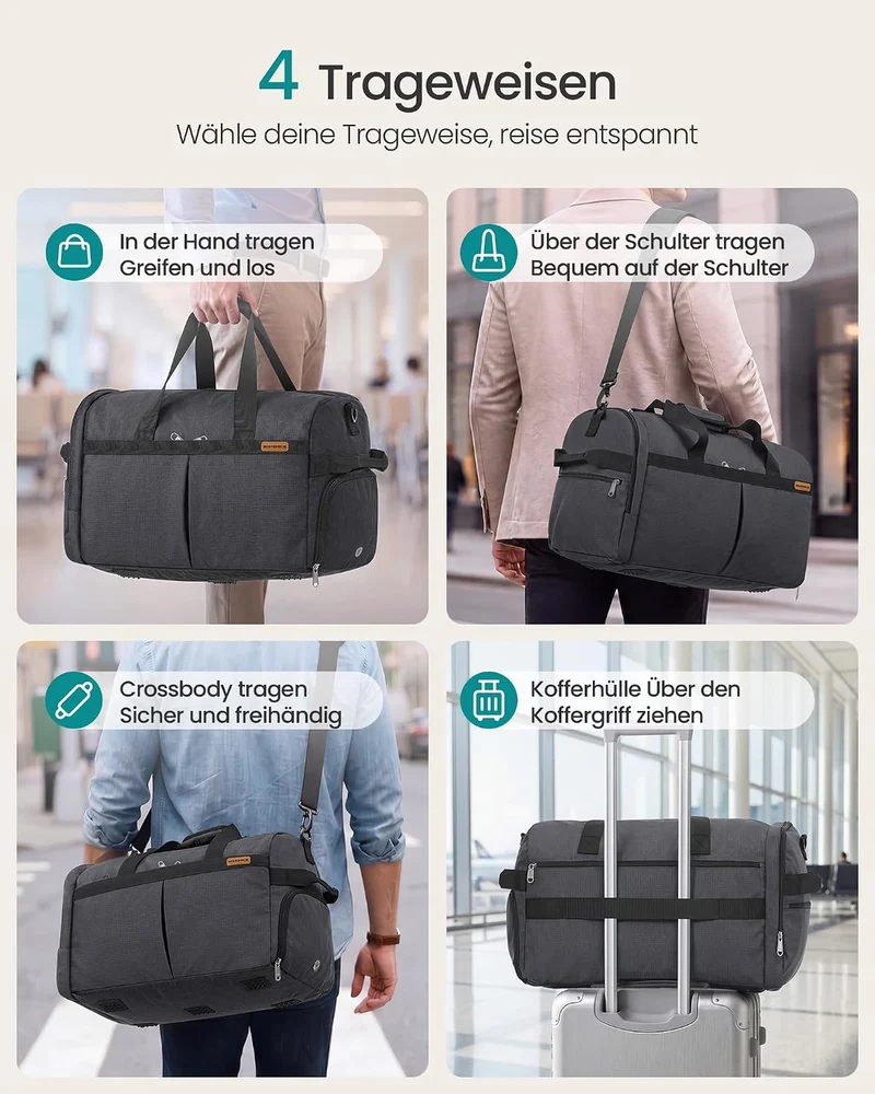SONGMICS Reisetasche klein, 50L Faltbare Sporttasche mit Schuhfach Grau 50L(55 x 35 x 25 cm), Grau 5