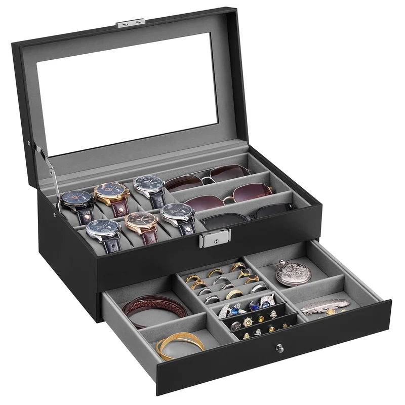 SONGMICS Uhrenbox, 2 Ebenen, für 6 Uhren und Schmuck, Glasdeckel Schwarz+grau, Schwarz+grau