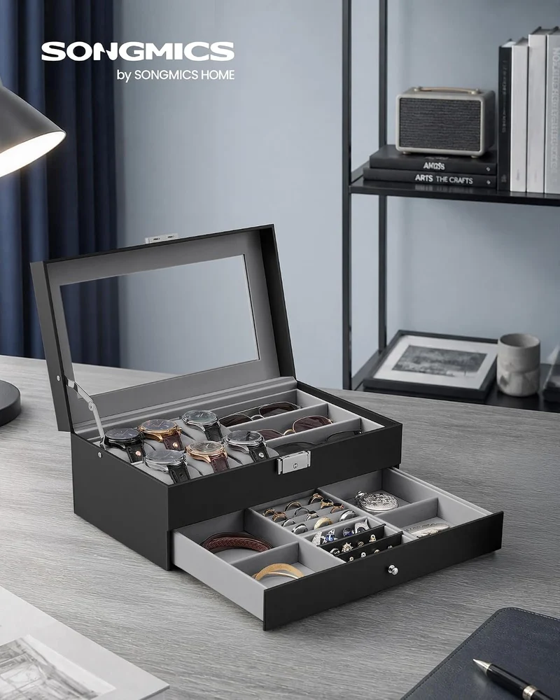 SONGMICS Uhrenbox, 2 Ebenen, für 6 Uhren und Schmuck, Glasdeckel Schwarz+grau, Schwarz+grau