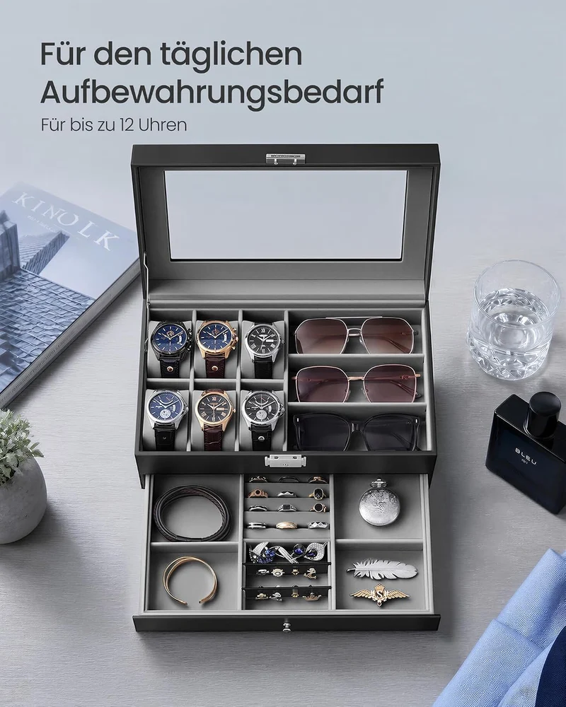 SONGMICS Uhrenbox, 2 Ebenen, für 6 Uhren und Schmuck, Glasdeckel Schwarz+grau, Schwarz+grau