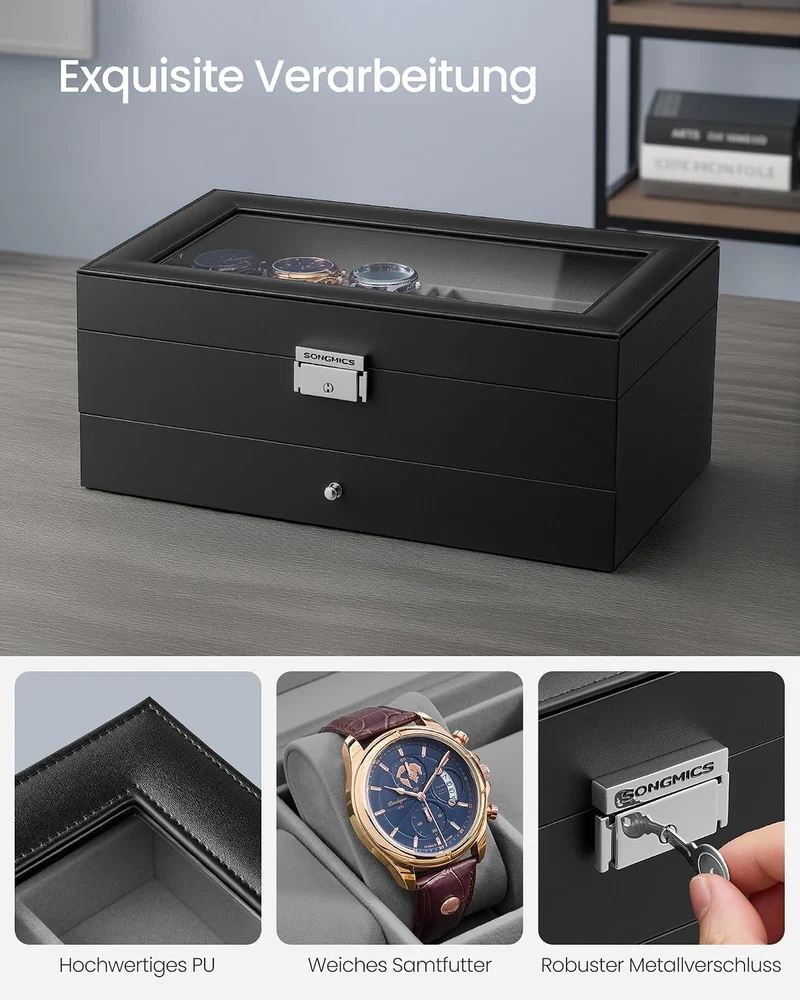 SONGMICS Uhrenbox, 2 Ebenen, für 6 Uhren und Schmuck, Glasdeckel Schwarz+grau, Schwarz+grau