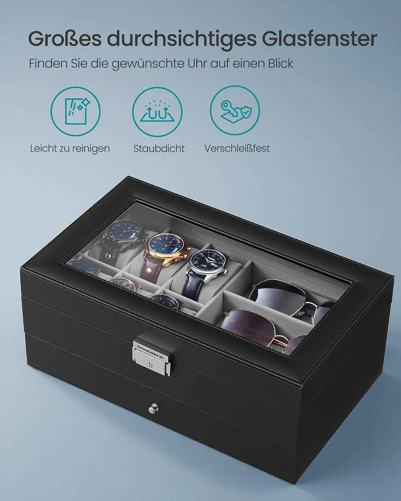 SONGMICS Uhrenbox, 2 Ebenen, für 6 Uhren und Schmuck, Glasdeckel Schwarz+grau, Schwarz+grau