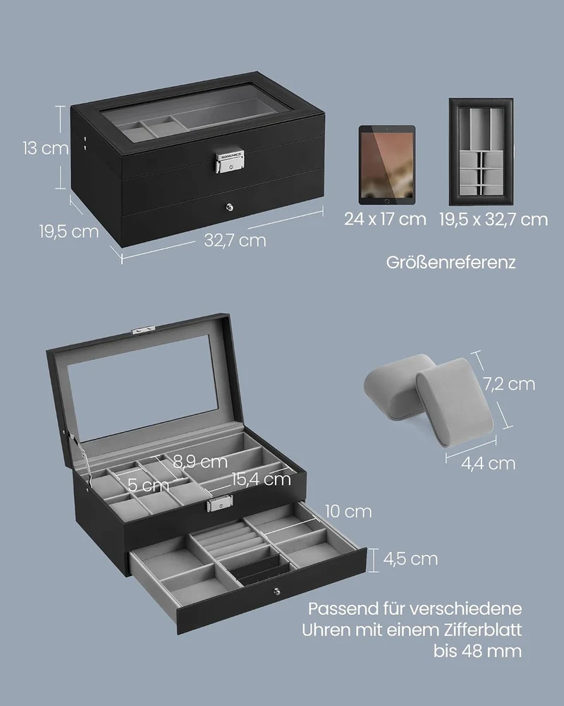 SONGMICS Uhrenbox, 2 Ebenen, für 6 Uhren und Schmuck, Glasdeckel Schwarz+grau, Schwarz+grau