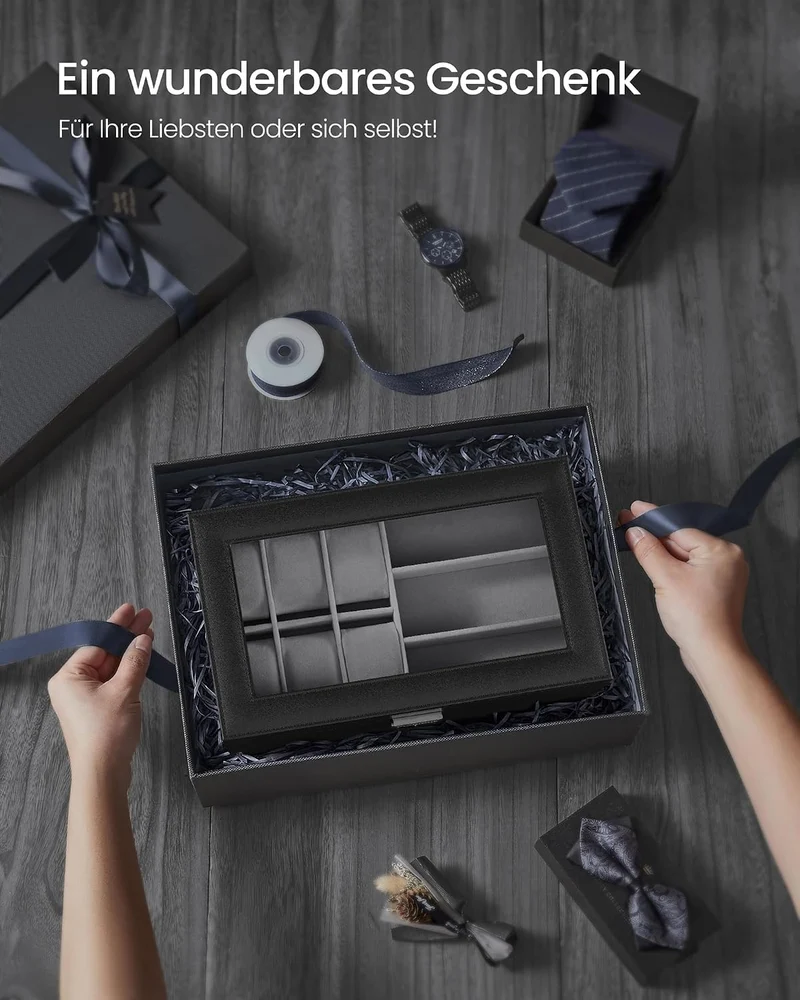 SONGMICS Uhrenbox, 2 Ebenen, für 6 Uhren und Schmuck, Glasdeckel Schwarz+grau, Schwarz+grau