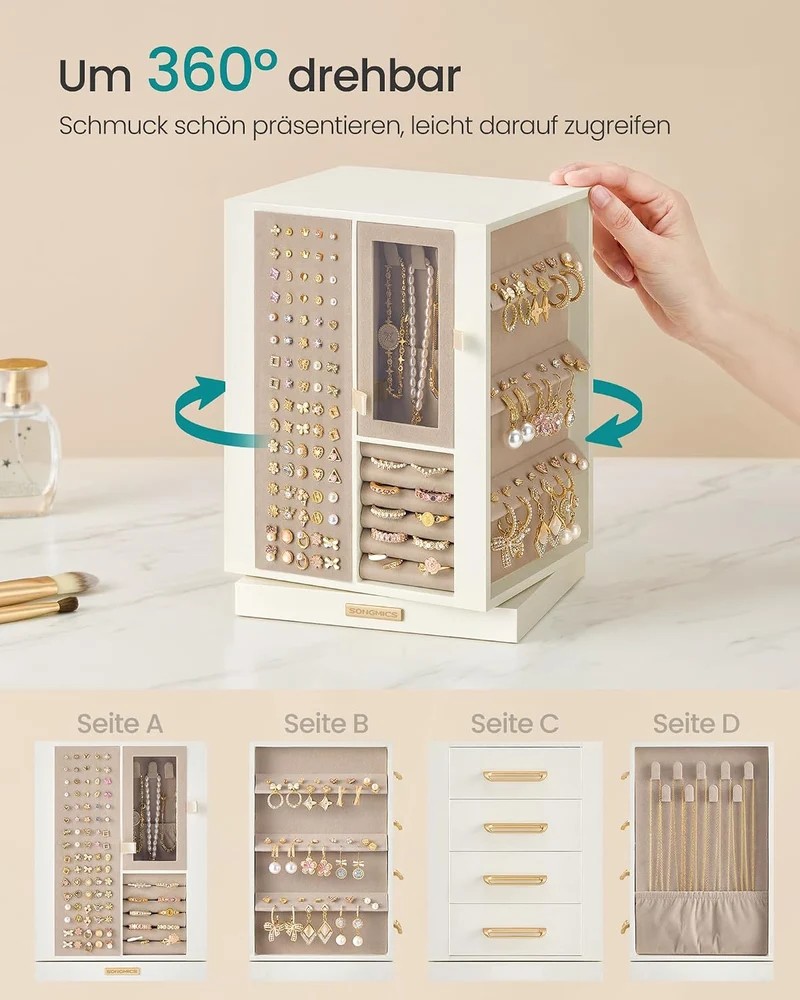 SONGMICS Schmuckkästchen, um 360° drehbar, mit 4 Schubladen 14 x 17 x 23 cm, 14 x 17 x 23 cm