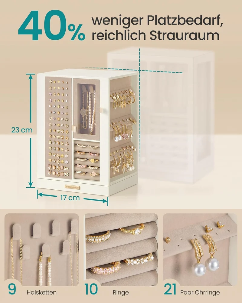 SONGMICS Schmuckkästchen, um 360° drehbar, mit 4 Schubladen 14 x 17 x 23 cm, 14 x 17 x 23 cm