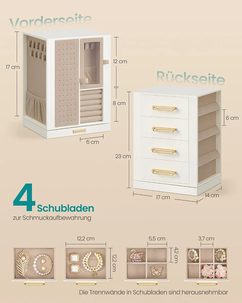 SONGMICS Schmuckkästchen, um 360° drehbar, mit 4 Schubladen 14 x 17 x 23 cm, 14 x 17 x 23 cm