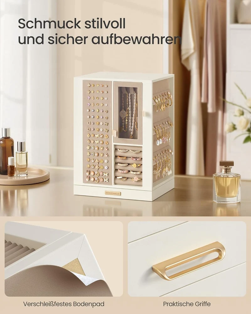 SONGMICS Schmuckkästchen, um 360° drehbar, mit 4 Schubladen 14 x 17 x 23 cm, 14 x 17 x 23 cm