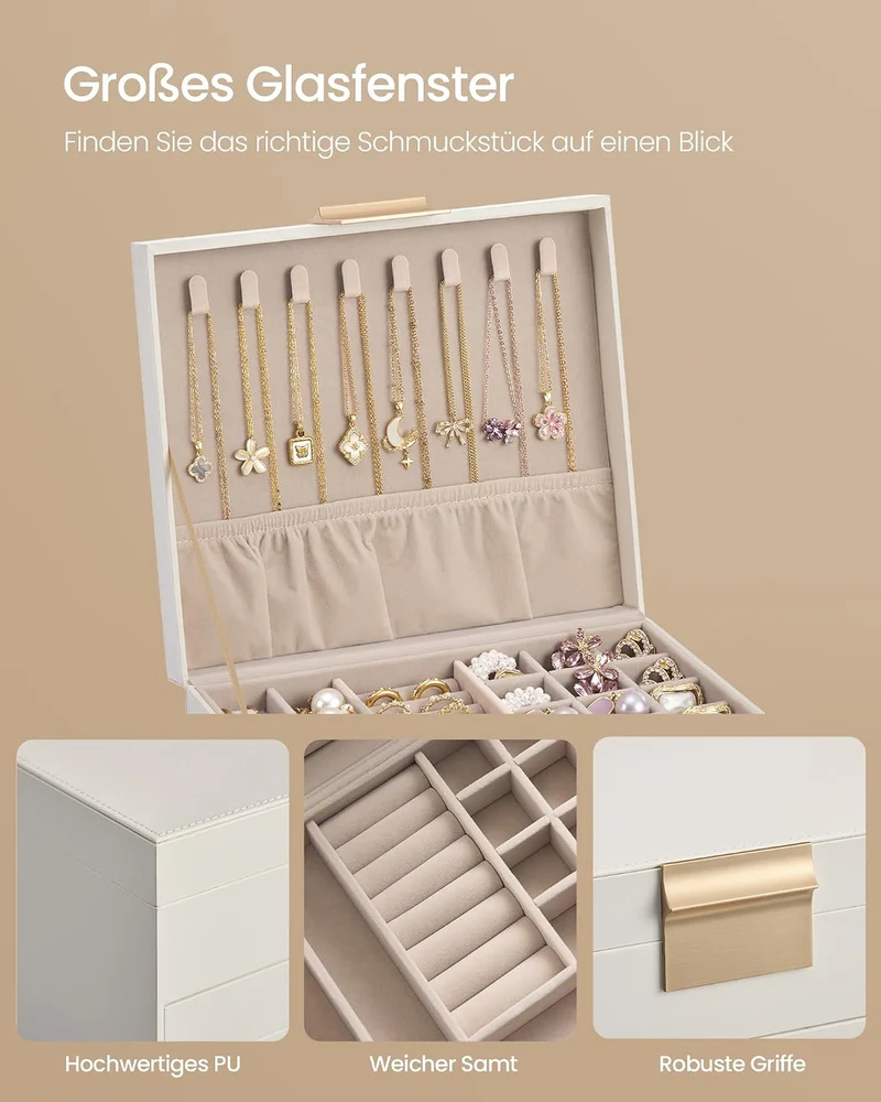 SONGMICS Schmuckkästchen, 3 Ebenen, mit 2 Schubladen, PU-Leder Cremeweiss 3 Ebenen, Cremeweiss 3 Ebe