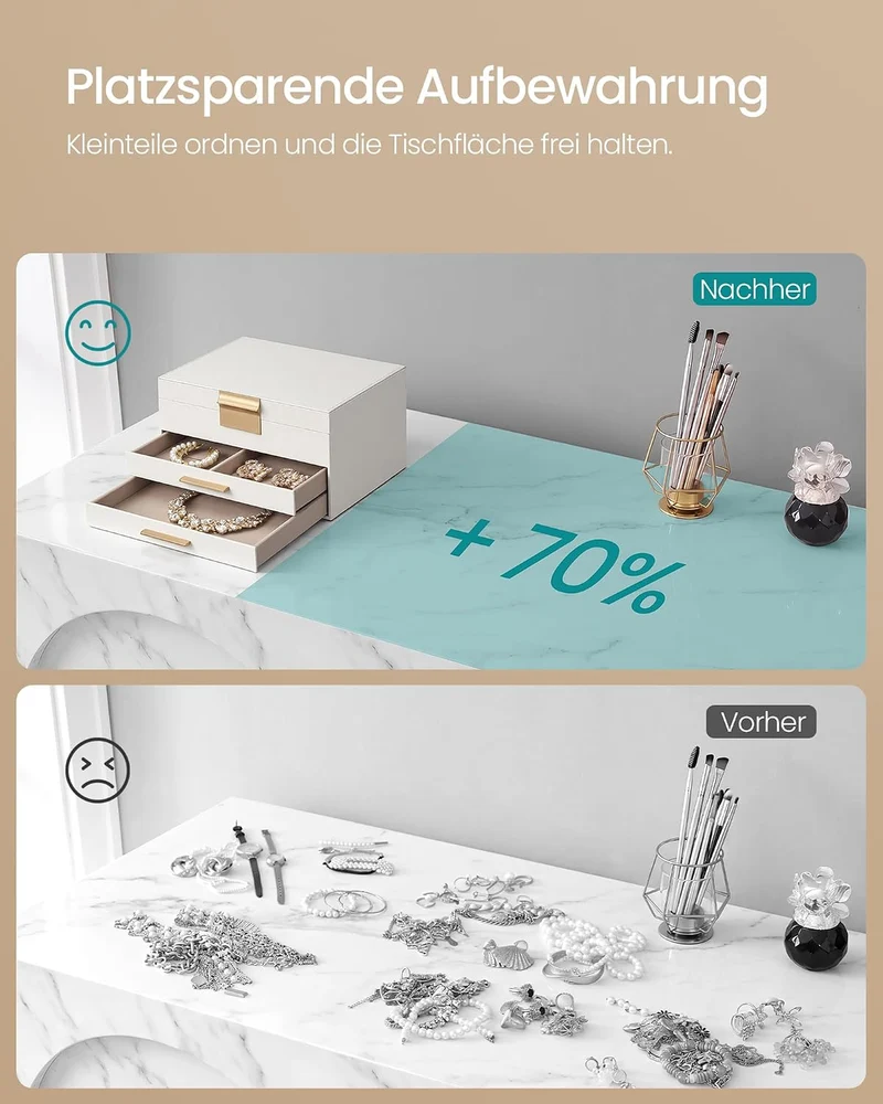 SONGMICS Schmuckkästchen, 3 Ebenen, mit 2 Schubladen, PU-Leder Cremeweiss 3 Ebenen, Cremeweiss 3 Ebe