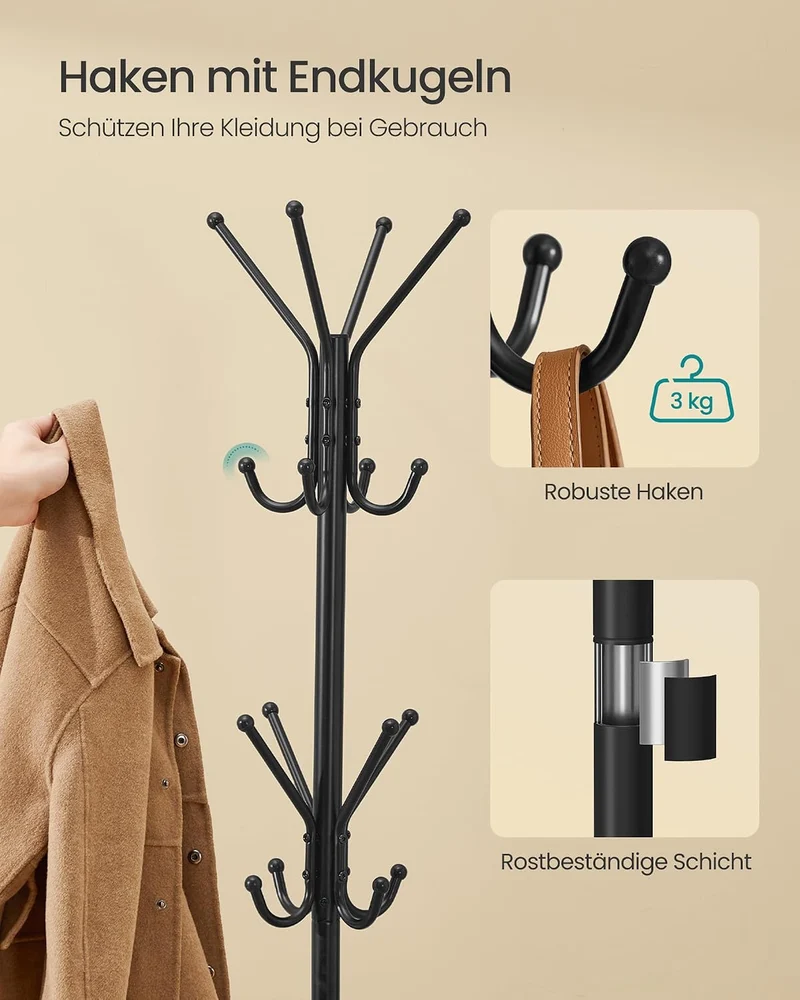 SONGMICS Kleiderständer, Garderobenständer, Höhe 175 cm, 16 Haken Tintenschwarz, Tintenschwarz