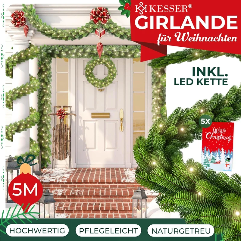 KESSER® Weihnachtsgirlande mit Beleuchtung 100 LED's - Weihnachtsbeleuchtung - In & Outdoor - Tannen