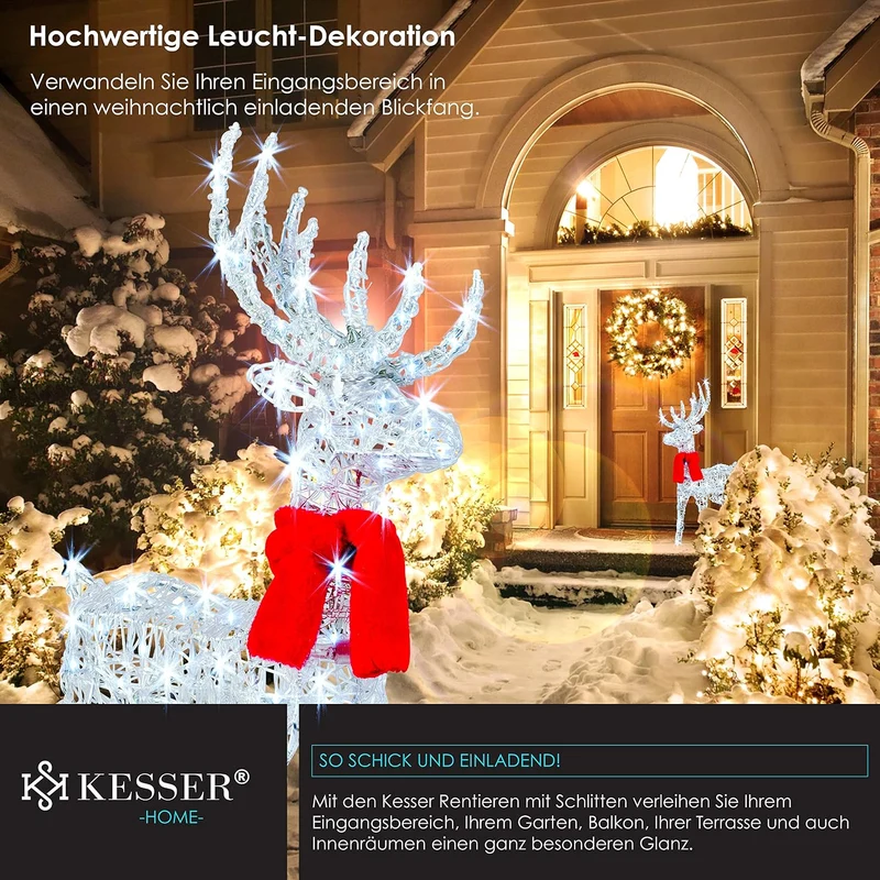 KESSER® 240er LED Rentiere mit Schlitten weiss Timer Inkl. 2X Dekoschal Weihnachtsbeleuchtung für au