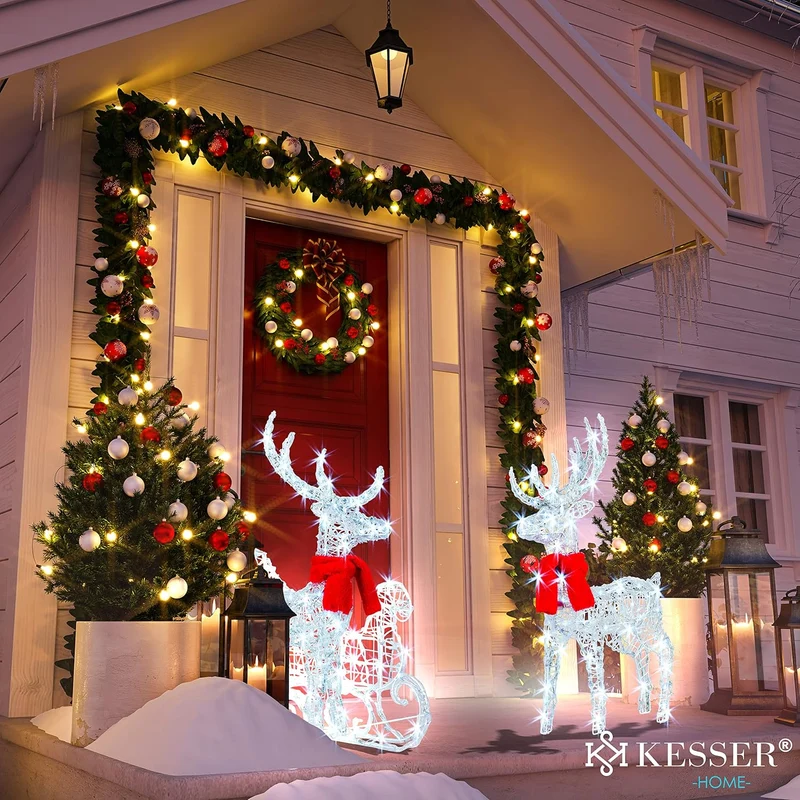 KESSER® 240er LED Rentiere mit Schlitten weiss Timer Inkl. 2X Dekoschal Weihnachtsbeleuchtung für au