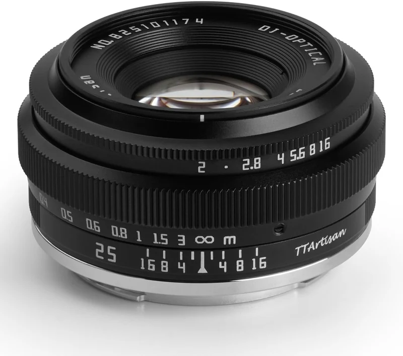 TTArtisan APS-C 25 mm F2 Metallgehäuse, kompatibel mit M43-Halterung, Schwarz Schwarz 25 mm F2, Schw